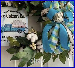 Turquoise And Green With Cotton Wreath For Front Door, Summer Blue Truck Decor