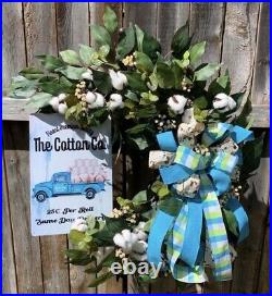 Turquoise And Green With Cotton Wreath For Front Door, Summer Blue Truck Decor