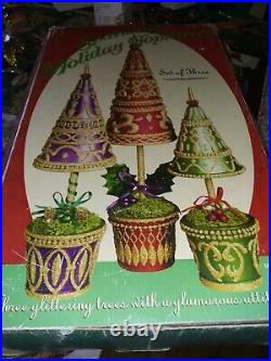 VTG SET of 3 Sparkling & Decorative Holiday Topiaries TREES in Original Box