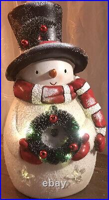 Valerie Parr Hill White Bottle Brush Wreath Illuminated Snowman Decor 17