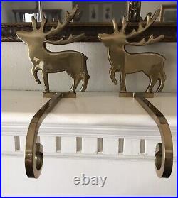 Vintage Christmas Stocking Holders Hangers Brass Long Arm Reindeer & Sleigh 4