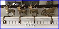 Vintage Christmas Stocking Holders Hangers Brass Long Arm Reindeer & Sleigh 4