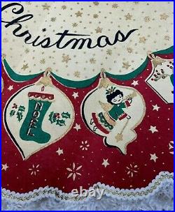 Vintage Christmas Tree Skirt Felt Sequin Multicolor Santa Claus Reindeer Kitchy