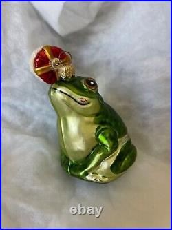 Vintage Christopher Radko Glass Ornament 2 Pc Frog With Prince Hat Christmas