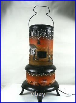 Vintage Kerosene Stove Lamp Hand Painted Halloween Primitive Folk Art Witch RJPE