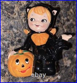 Vintage Lefton Girl Figurine Halloween Black Cat Costume Jack-O-Lantern 3.5