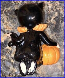 Vintage Lefton Girl Figurine Halloween Black Cat Costume Jack-O-Lantern 3.5