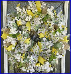 Vintage Lemon Themed Spring Summer Country Farmhouse Door Deco Mesh Wreath Decor
