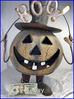 Vintage Metal Boo Pumpkin Halloween Decoration Huge Bouncy Jack-O-Lantern Figure