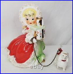 Vintage Napco Christmas Girl With Dog Poodle Spaghetti Trim Figurine Japan