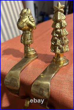 Vintage Pair Santa And Xmas Tree? Solid Brass Christmas Stocking Holders