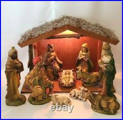 Vintage Paper Mache Nativity Set Scene Lighted Wood Stable 11 Piece Made Japan