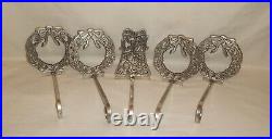 Vintage Set of 5 Heavy Metal Long Arm Christmas Stocking Hanger Silver Holders