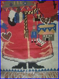 Vtg. Christmas Tapestry Santa Baba Noel Kilim Turkish Wool Folk Art