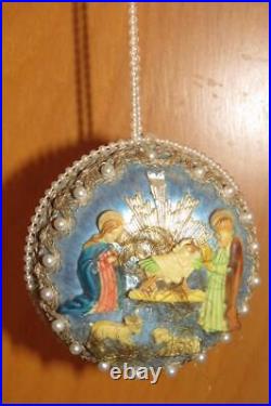 Vtg Zimonick Christmas Ornament NATIVITY 3' Blue Disk Swarovski