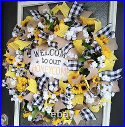 Welcome Honeycomb Bee Summer Sunflower Country Farmhouse Door Deco Mesh Wreath
