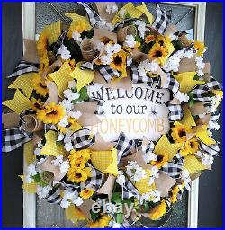 Welcome Honeycomb Bee Summer Sunflower Country Farmhouse Door Deco Mesh Wreath