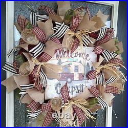 Welcome to our Campsite Camper Country Primitive Burgundy Gingham Fall Wreath