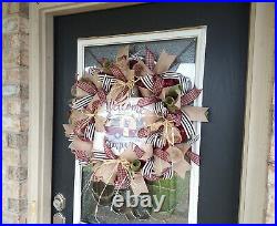 Welcome to our Campsite Camper Country Primitive Burgundy Gingham Fall Wreath