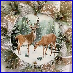 Winter Deer With Iced Greenery Handmade Deco Mesh Wreath