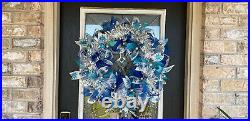XL Blue Silver Winter Hanukkah Christmas Deco Mesh Front Door Wreath, Decoration