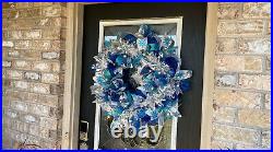 XL Blue Silver Winter Hanukkah Christmas Deco Mesh Front Door Wreath, Decoration