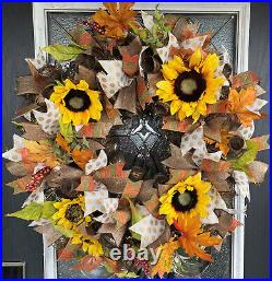 XL Deluxe Yellow Sunflower Fall Floral Deco Mesh Wreath Thanksgiving Home Decor