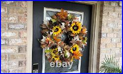 XL Deluxe Yellow Sunflower Fall Floral Deco Mesh Wreath Thanksgiving Home Decor