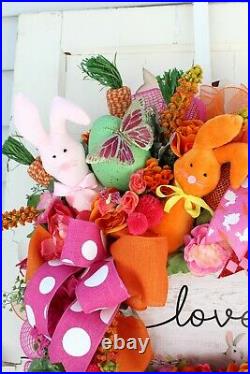 XL Easter Spring Wreath Bunny Rabbits Butterflies Easter Love Sign Orange Pink