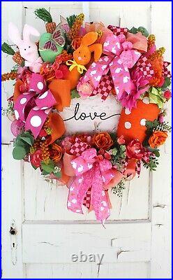 XL Easter Spring Wreath Bunny Rabbits Butterflies Easter Love Sign Orange Pink