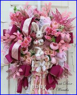 XL Easter Wreath Sweet Bunny Rabbit Rag Bow Cherry Blossoms Jeweled Ribbon