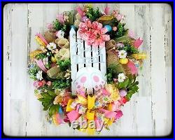 XL Floral Easter Deco Mesh Wreath, Spring Decor for Front Door, Bunny Wreath