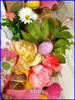 XL Floral Easter Deco Mesh Wreath, Spring Decor for Front Door, Bunny Wreath