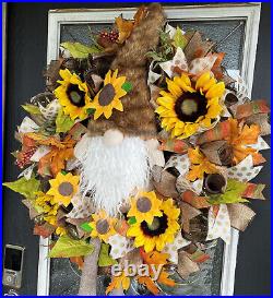 XL Forest Gnome Sunflower Fall Floral Deco Mesh Wreath Thanksgiving Home Decor