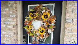 XL Forest Gnome Sunflower Fall Floral Deco Mesh Wreath Thanksgiving Home Decor