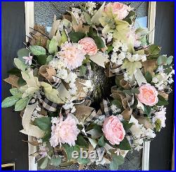XL French Country Pink Cabbage Rose & Dahlia Deco Mesh Front Door Wreath Decor