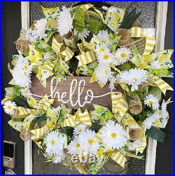 XL HELLO Lemon Lime Daisy Deco Mesh Front Door Wreath Handmade Summer Decor