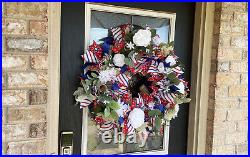 XL Rose & Dshlia Patriotic 4th of July Memorial Day Deco Mesh Front Door Wreath