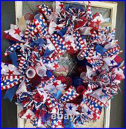 XL Ruffles & Spirals Patriotic 4th of July BLING Deco Mesh Front Door Wreath