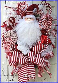 XL Santa Face Christmas Wreath Red and White Peppermint Swirl Lollipop