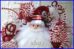 XL Santa Face Christmas Wreath Red and White Peppermint Swirl Lollipop