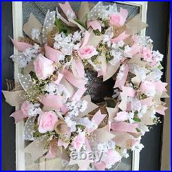 XL Spring Summer Rose Babys Breath Floral Deco Mesh Front Door Wreath Home Decor