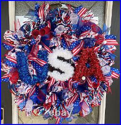 XL USA Flag Patriotic BLING Deco Mesh Front Door Wreath Summer Fall Home Decor