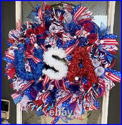 XL USA Flag Patriotic BLING Deco Mesh Front Door Wreath Summer Fall Home Decor