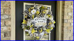 XL Welcome Honeycomb Bee Summer Daisy Country Farmhouse Door Deco Mesh Wreath