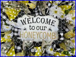 XL Welcome Honeycomb Bee Summer Daisy Country Farmhouse Door Deco Mesh Wreath