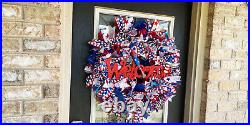XL Welcome Ruffles Spirals Patriotic 4th of July BLING Deco Mesh Door Wreath