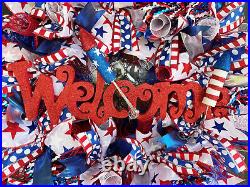 XL Welcome Ruffles Spirals Patriotic 4th of July BLING Deco Mesh Door Wreath