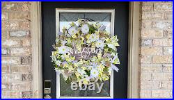 XL Welcome Y'all Lemon Lavender Daisy Deco Mesh Front Door Wreath Handmade Decor